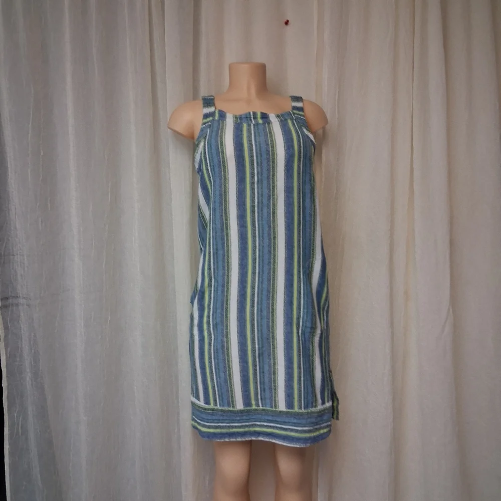 For Cynthia Blue and Green Striped Mini Dress Women Sz XS 55%Lino 48% Viscose - Picture 7 of 16